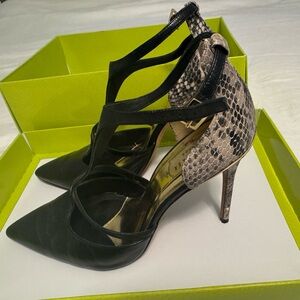 Ted Baker ‘Kotaka’ T-strap Black and Snake Print Heels